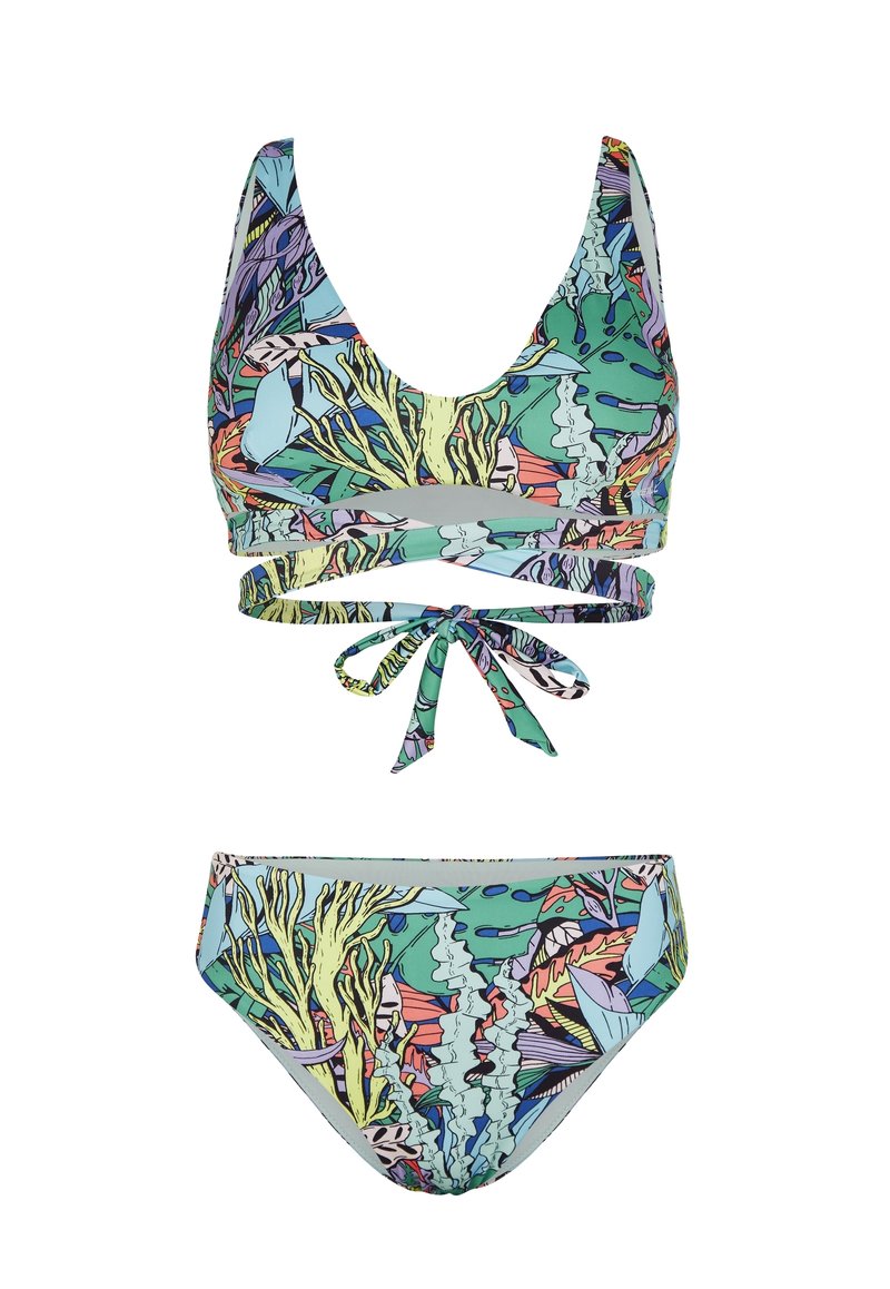 Zweiteiliges Bikini-Set mit tropischen Korallen- und Blattmustern in grünen, blauen, gelben und lilafarbenen Farben, mit einem Bindedetail am Oberteil.