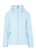 Helle blaue Outdoor-Jacke mit Frontreißverschluss, verstellbarem Kapuzenkragen und zwei seitlichen Reißverschlusstaschen. Glatte Textur mit dezentem Logo-Detail auf der Brust.
