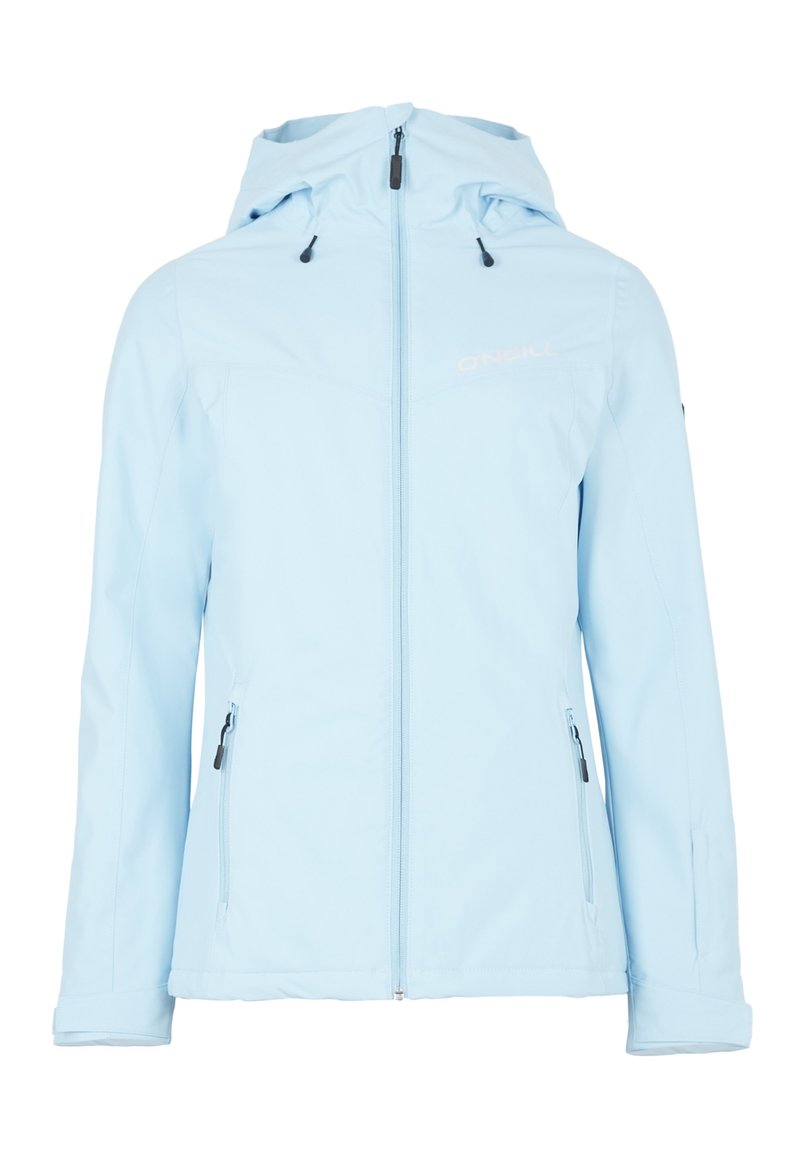 Helle blaue Outdoor-Jacke mit Frontreißverschluss, verstellbarem Kapuzenkragen und zwei seitlichen Reißverschlusstaschen. Glatte Textur mit dezentem Logo-Detail auf der Brust.