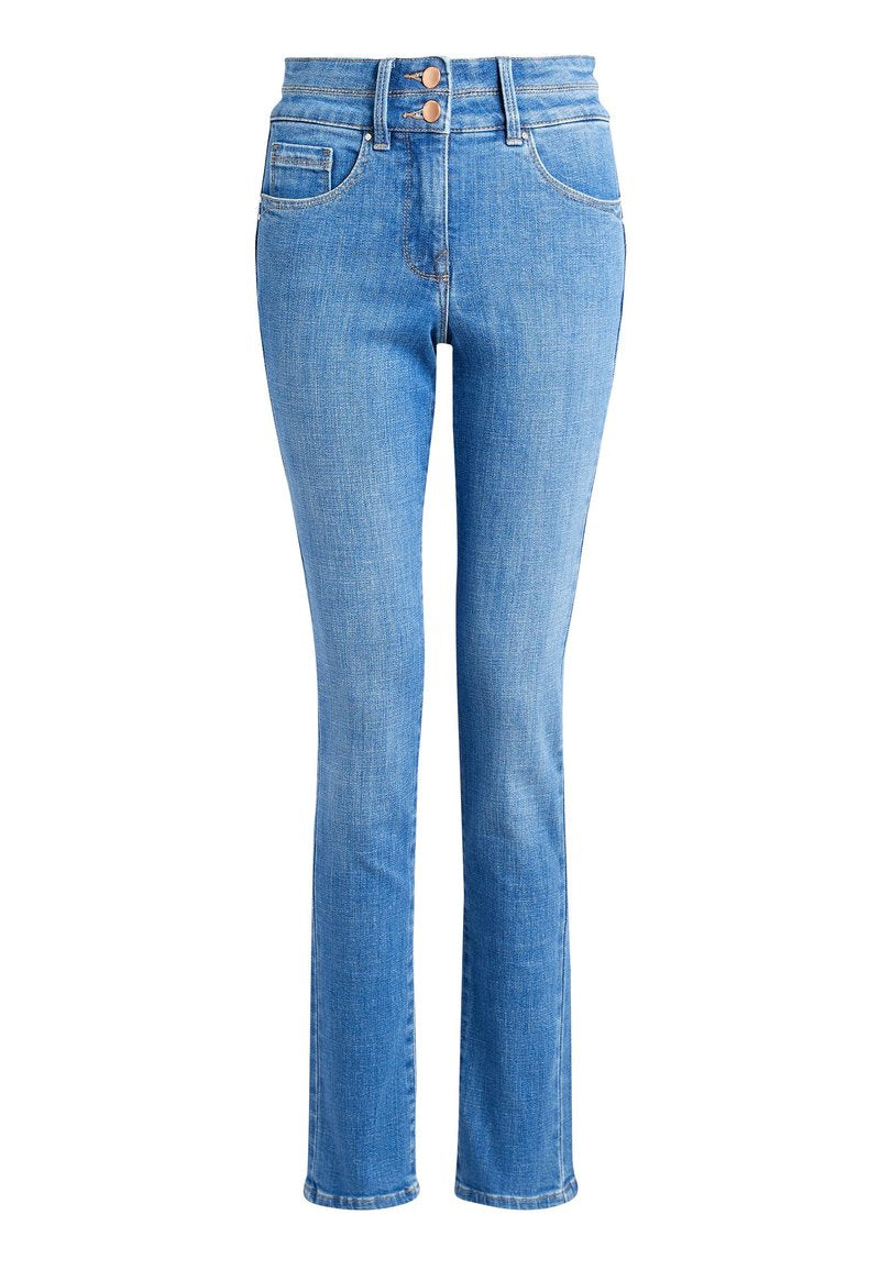 Hellblaue Jeans aus Denim mit geradem Bein, hoher Taille, zwei Knopfverschlüssen und Vordertaschen. Klassische Nähte setzen Akzente.