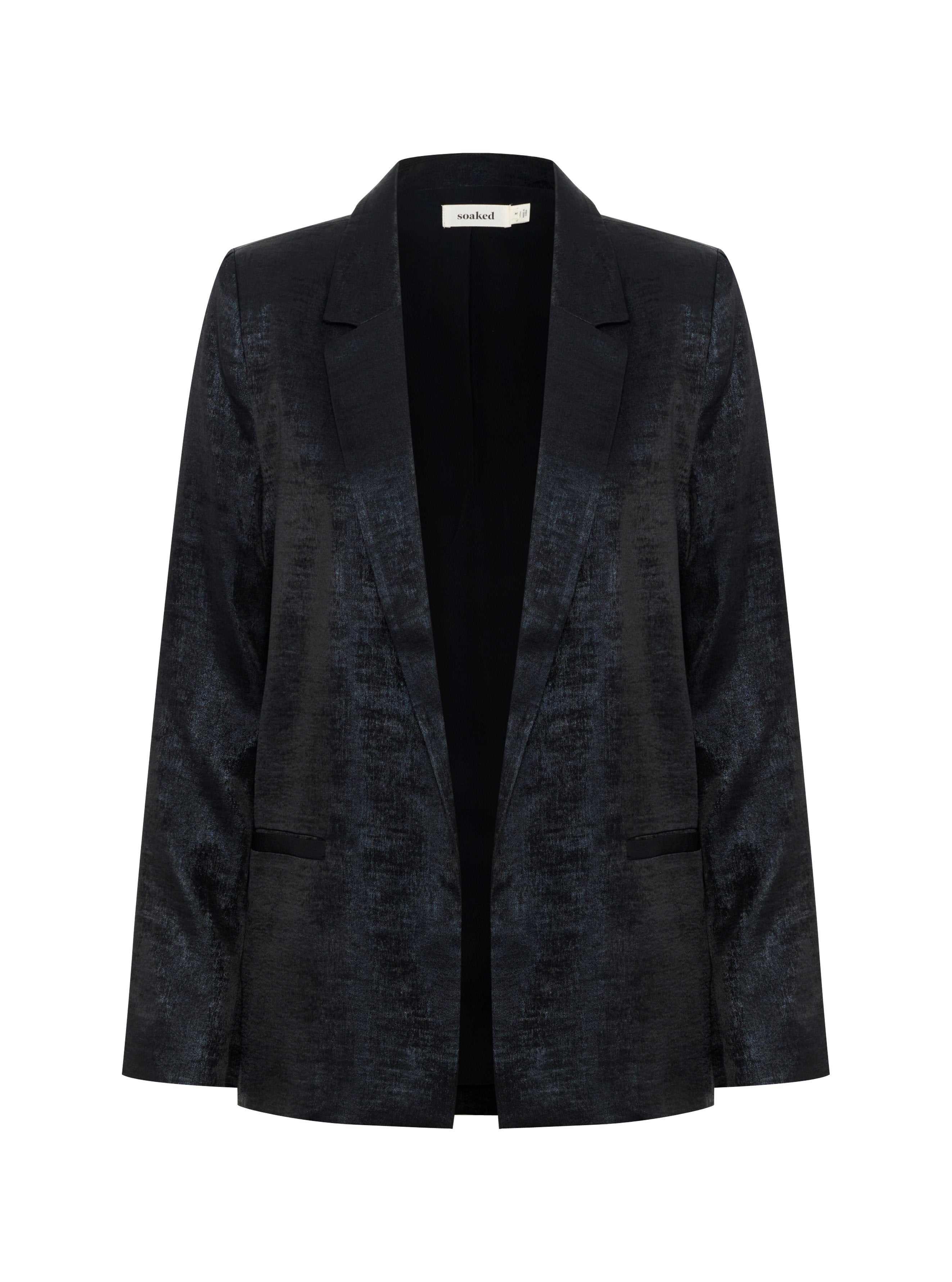Schwarzer Blazer aus einem strukturierten Stoff. Verfügt über einen Reverskragen, offene Vorderseite und zwei vordere Taschen. Glatte Innenauskleidung.
