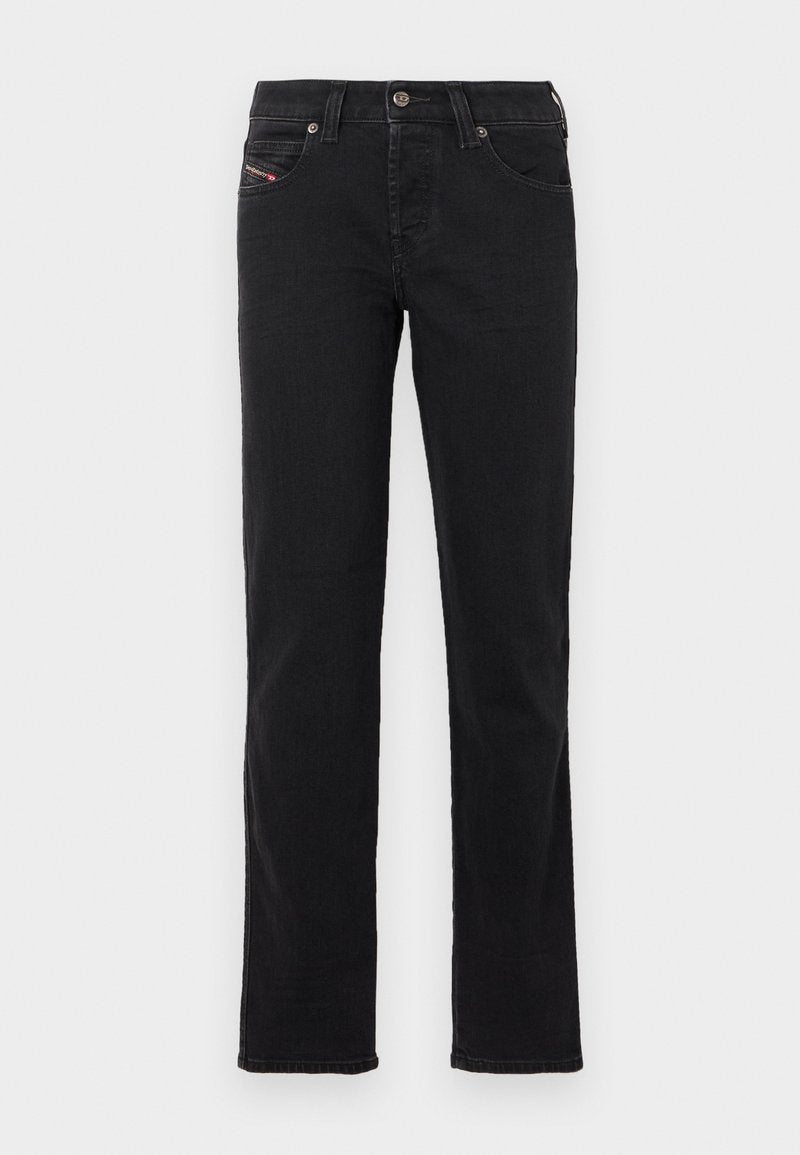 Schwarze Jeans aus Denim mit geradem Schnitt, ausgestattet mit einem vorderen Knopfverschluss, fünf Taschen und dezenten Steppnähten.