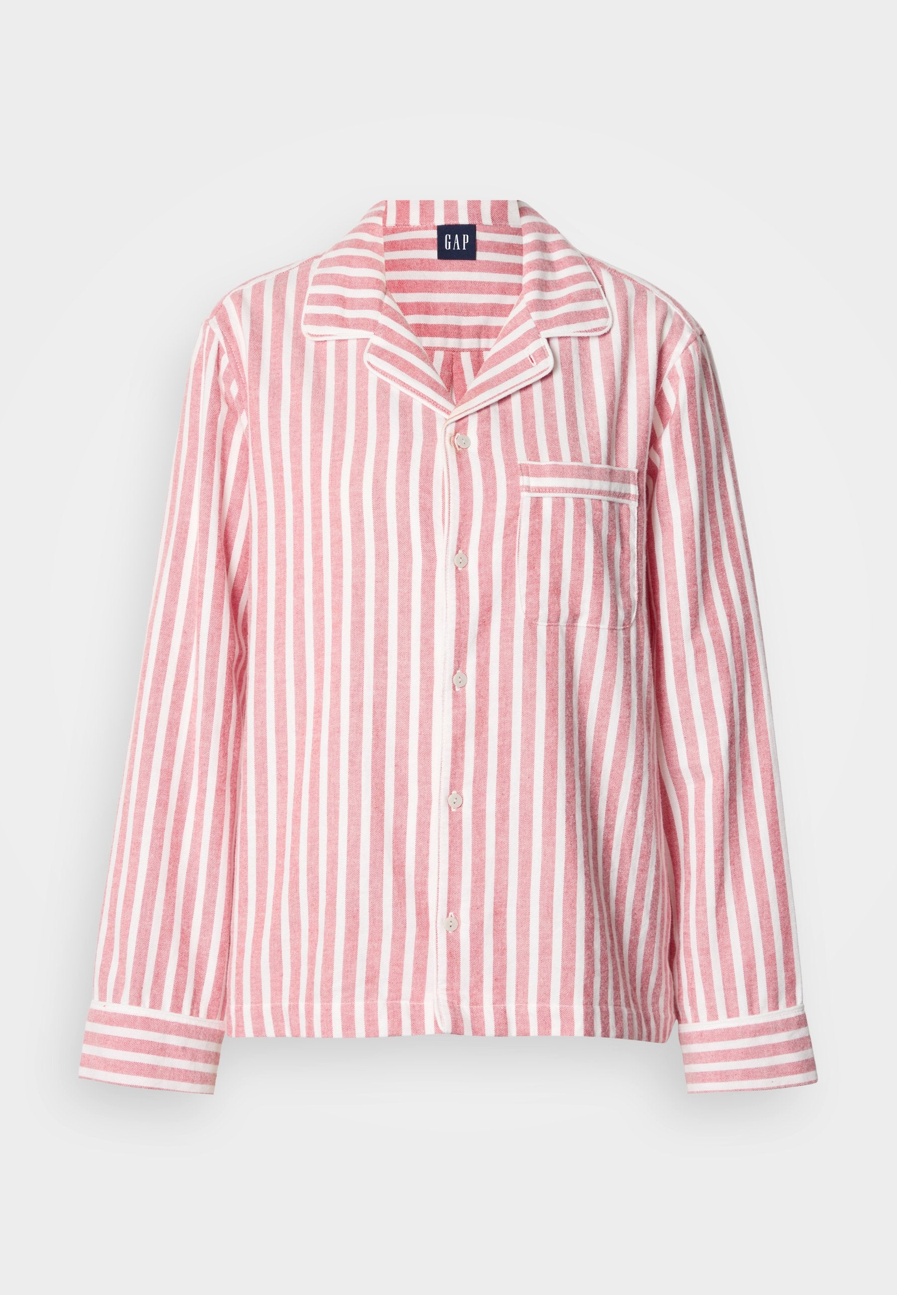 Rotes und weiß gestreiftes Pyjamaoberteil mit Kragen mit Schlitz, Brusttasche und Knopfleiste. Hergestellt aus weichem Stoff mit strukturierter Oberfläche.
