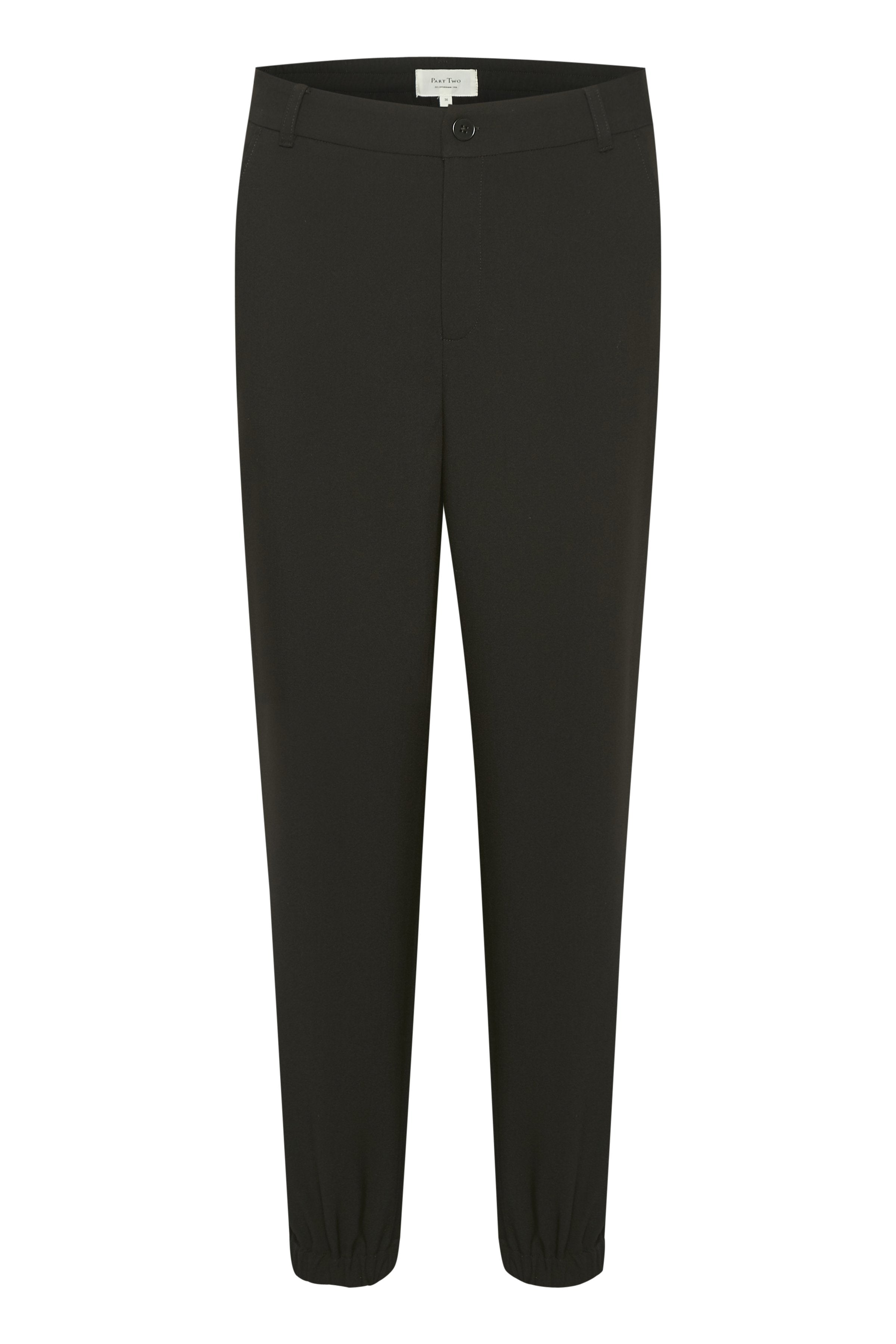 Schwarze tapered Hose aus glattem Stoff, mit Knopfverschluss und elastischen Bündchen für einen angenehmen Sitz. Einfaches Design ohne zusätzliche Muster.