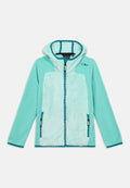Hellblaue Jacke mit einem flauschigen, türkisfarbenen Vorderteil, Reißverschlusstaschen und einer Kapuze. Ausgestattet mit strukturiertem, weichem Stoff und kontrastierendem Rand.