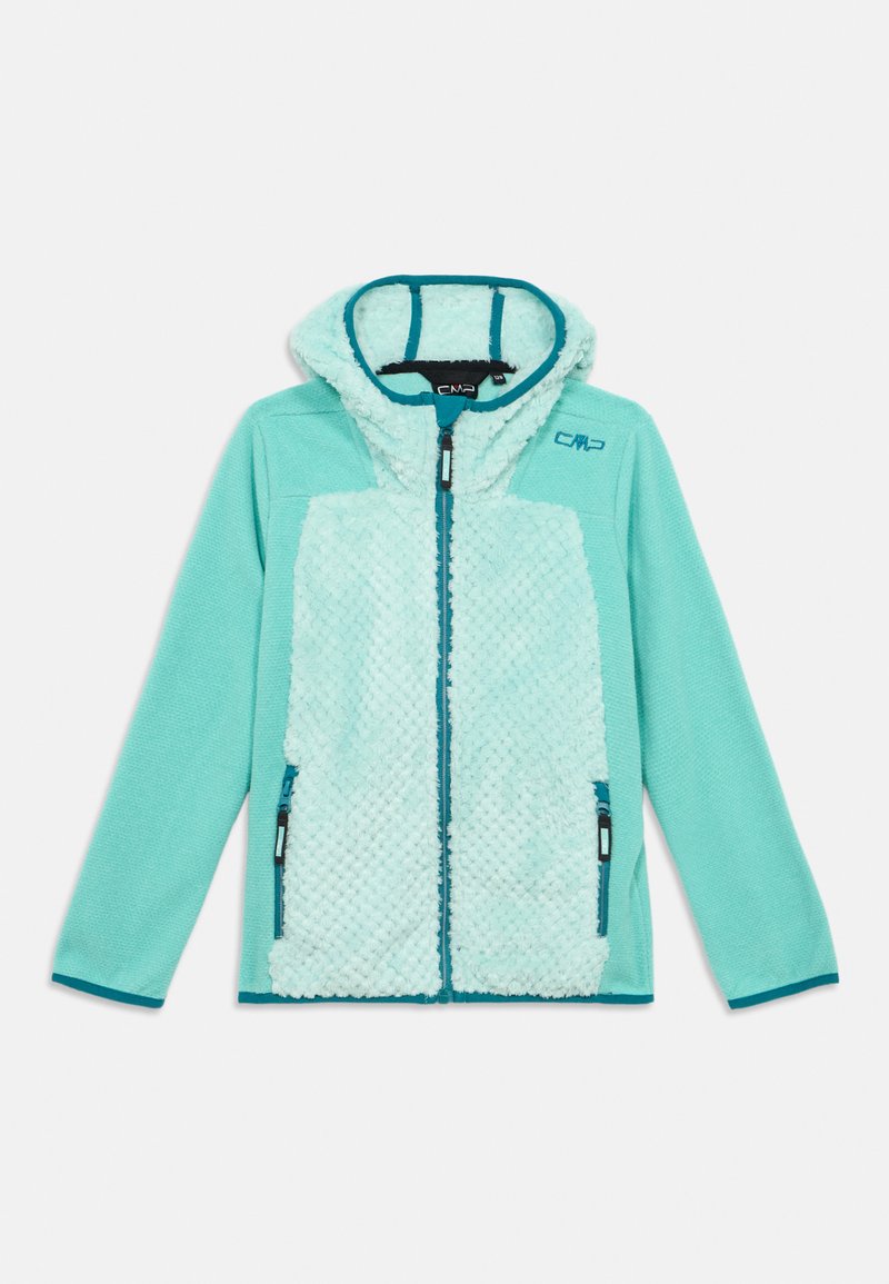 Hellblaue Jacke mit einem flauschigen, türkisfarbenen Vorderteil, Reißverschlusstaschen und einer Kapuze. Ausgestattet mit strukturiertem, weichem Stoff und kontrastierendem Rand.