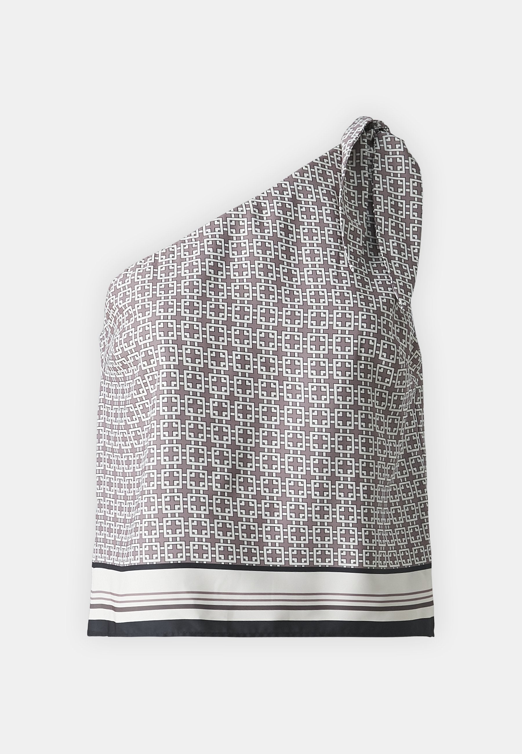 Asymmetrisches ärmelloses Top aus strukturiertem Stoff, mit geometrischem Muster in Braun und Weiß und einem kontrastierenden gestreiften Saum.