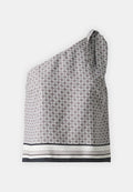 Asymmetrisches ärmelloses Top aus strukturiertem Stoff, mit geometrischem Muster in Braun und Weiß und einem kontrastierenden gestreiften Saum.