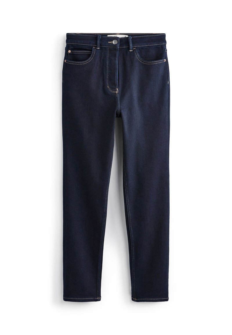 Dunkelblaue Jeans aus Denim mit fünf Taschen, einem Knopf- und Reißverschluss, sowie kontrastierenden Nähten. Gerades Bein Design mit einer glatten Textur.