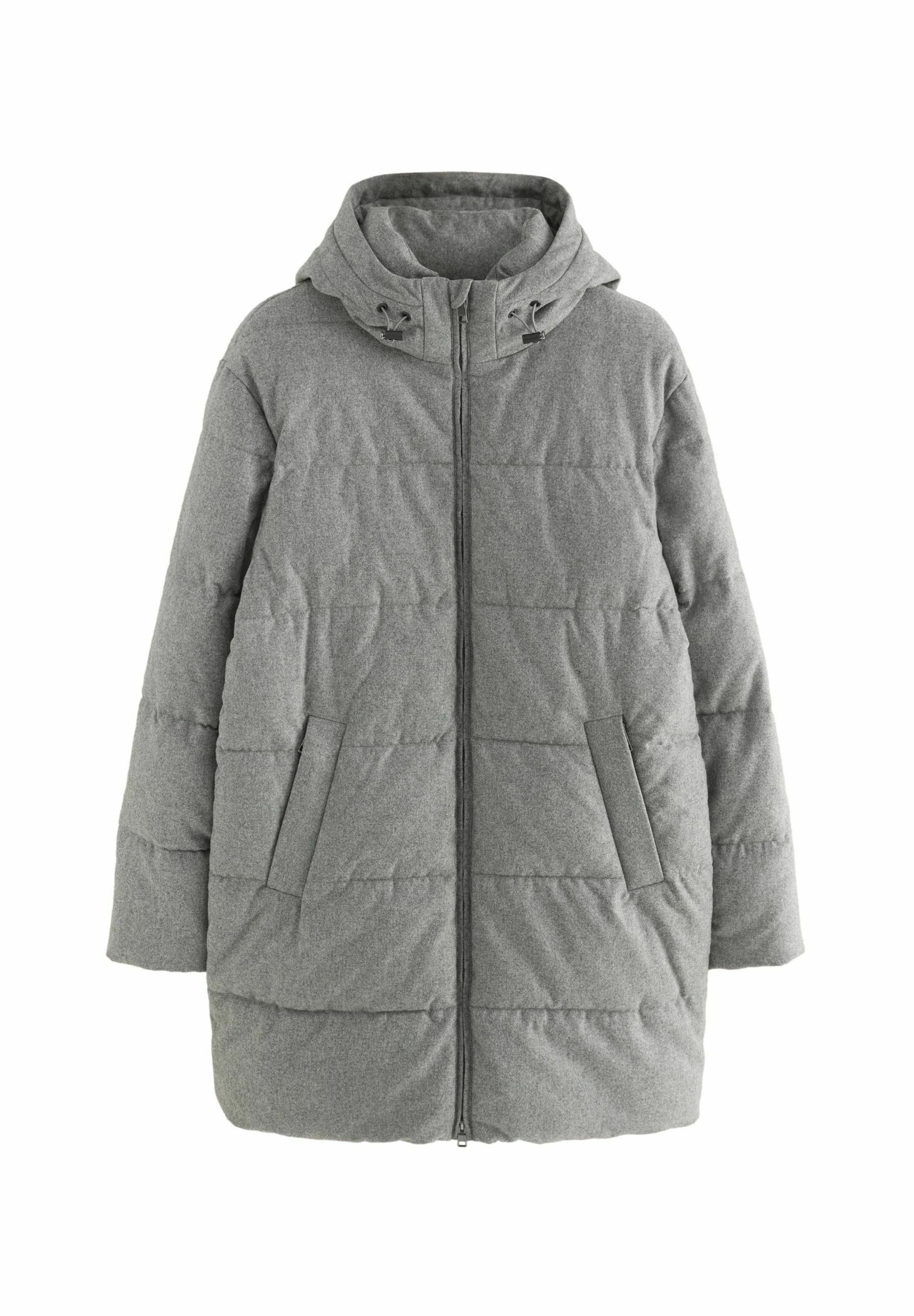 Grau gesteppte Daunenjacke mit Kapuze, durchgehendem Reißverschluss und zwei seitlichen Taschen. Hergestellt aus einem weichen, strukturierten Stoff.