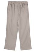 Beige, weite Hosen mit einem elastischen Bund. Hergestellt aus einem glatten Stoff, mit Seitentaschen und geradem Schnitt, ohne sichtbare Muster.