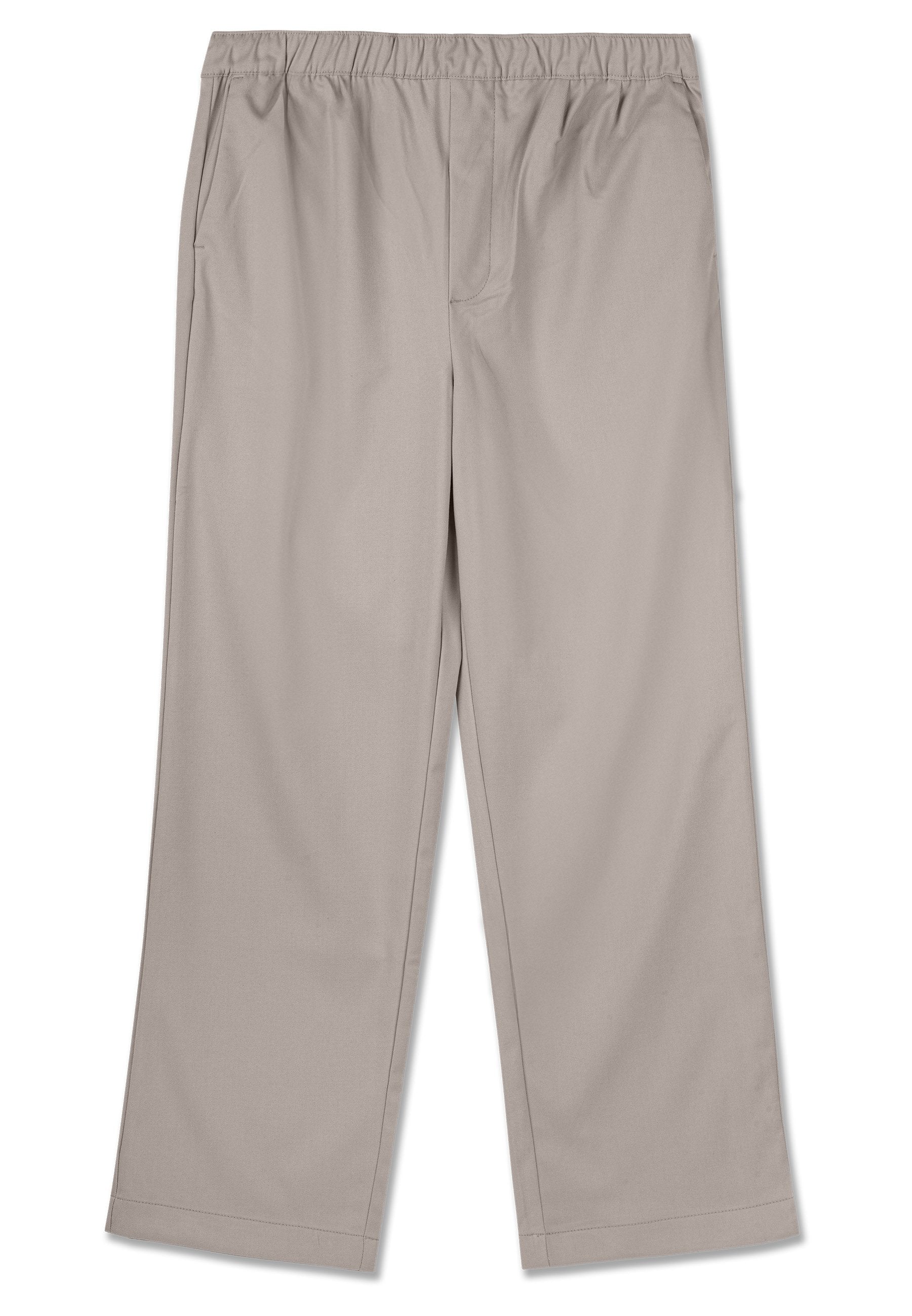 Beige, weite Hosen mit einem elastischen Bund. Hergestellt aus einem glatten Stoff, mit Seitentaschen und geradem Schnitt, ohne sichtbare Muster.