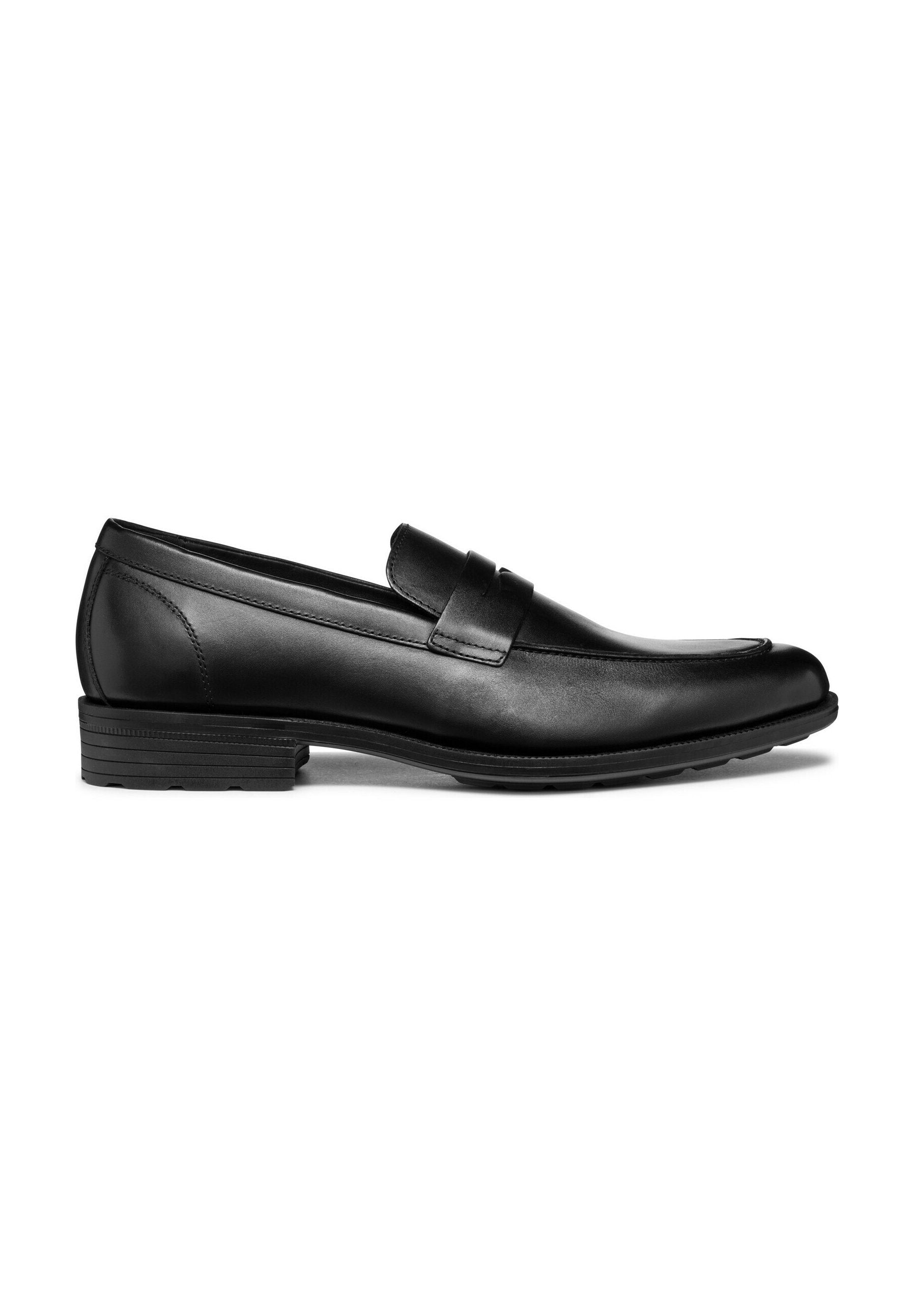 Schwarze Lederloafers mit glatter Oberfläche, ausgestattet mit einem dekorativen Lederband über dem Rist und einem niedrigen Gummisohle.