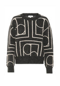 Dunkelgrauer Strickpullover mit einem cremefarbenen, abstrakten geometrischen Muster, runder Ausschnitt und gerippten Bündchen und Saum.