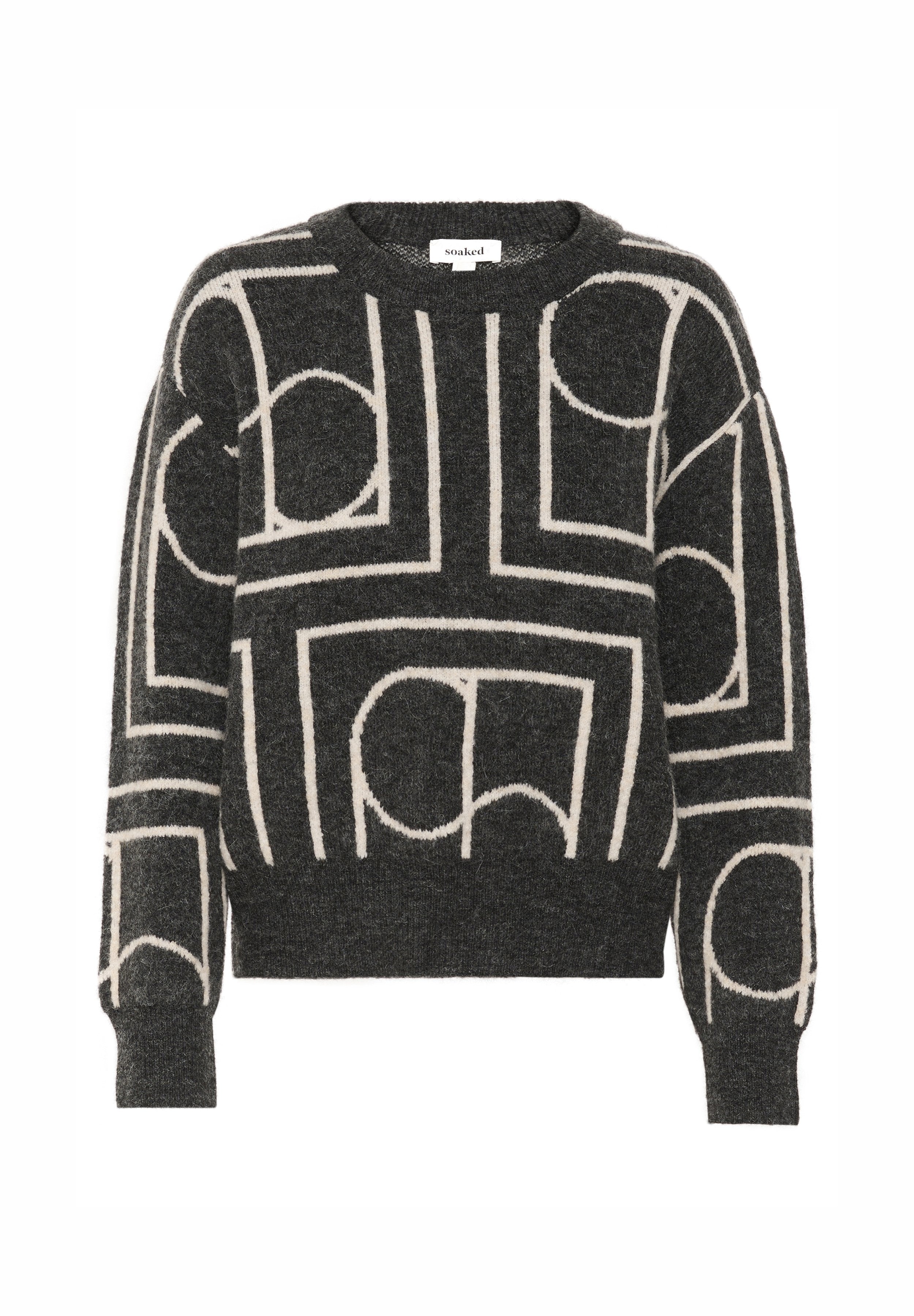 Dunkelgrauer Strickpullover mit einem cremefarbenen, abstrakten geometrischen Muster, runder Ausschnitt und gerippten Bündchen und Saum.