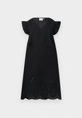 Schwarzes Kleid mit V-Ausschnitt, kurzen Rüschenärmeln und einem gewellten Saum mit filigranen Cut-out-Mustern.