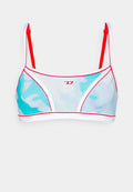 Bikini-Oberteil aus leichtem Stoff, mit einem mintgrünen Körper, roten und weißen Akzenten, verstellbaren Trägern und einem Logo-Detail.
