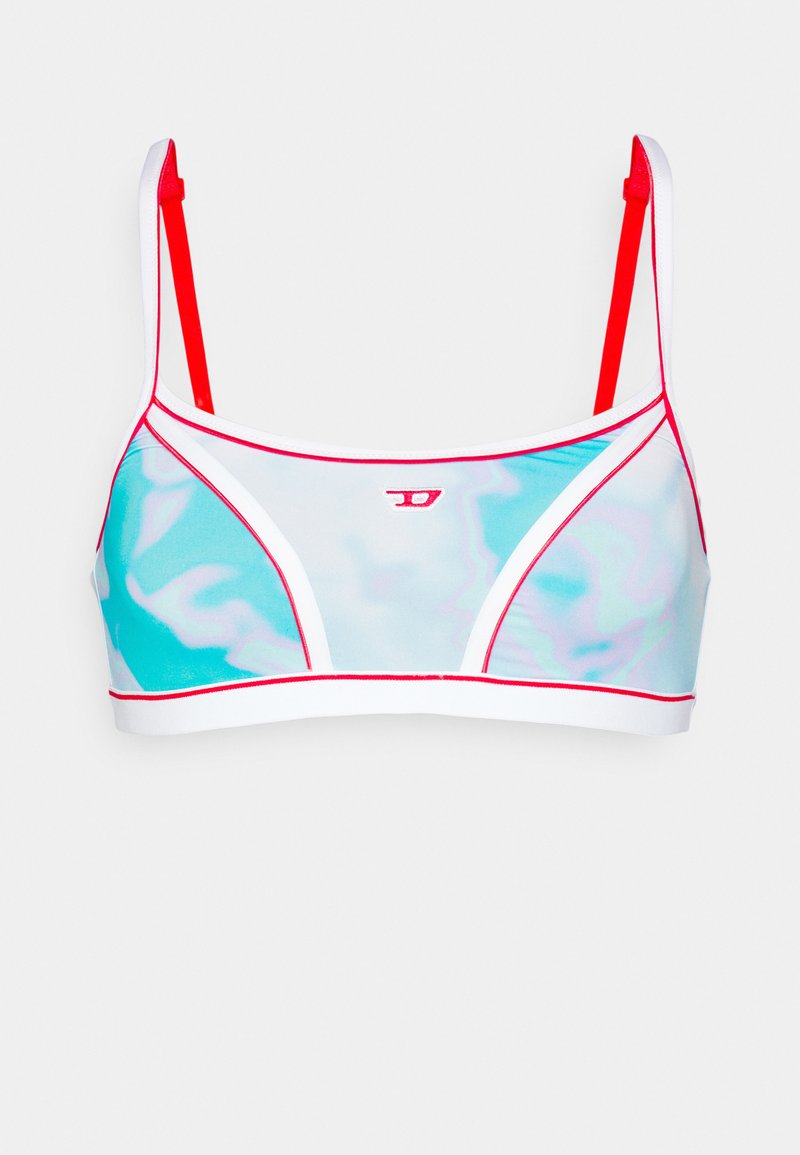 Bikini-Oberteil aus leichtem Stoff, mit einem mintgrünen Körper, roten und weißen Akzenten, verstellbaren Trägern und einem Logo-Detail.