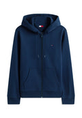 Marineblauer Hoodie mit durchgehendem Reißverschluss, Tunnelzug an der Kapuze, Fronttaschen, gerippten Bündchen und kleinem Tommy Jeans Logo auf der Brust.