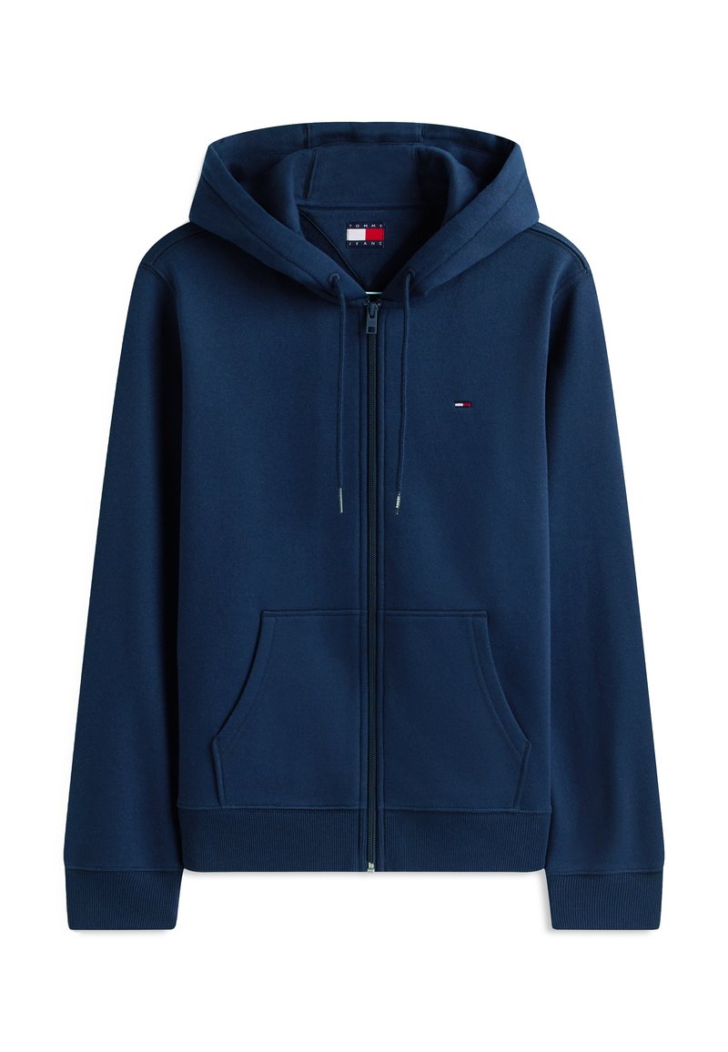 Marineblauer Hoodie mit durchgehendem Reißverschluss, Tunnelzug an der Kapuze, Fronttaschen, gerippten Bündchen und kleinem Tommy Jeans Logo auf der Brust.