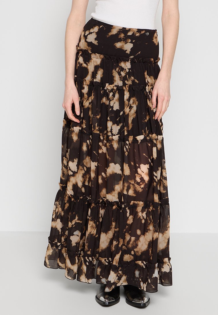 Schwarz und beige gestufter Maxirock aus leichtem Chiffon, mit Rüschendetails und einem gerafften Taillenbund.