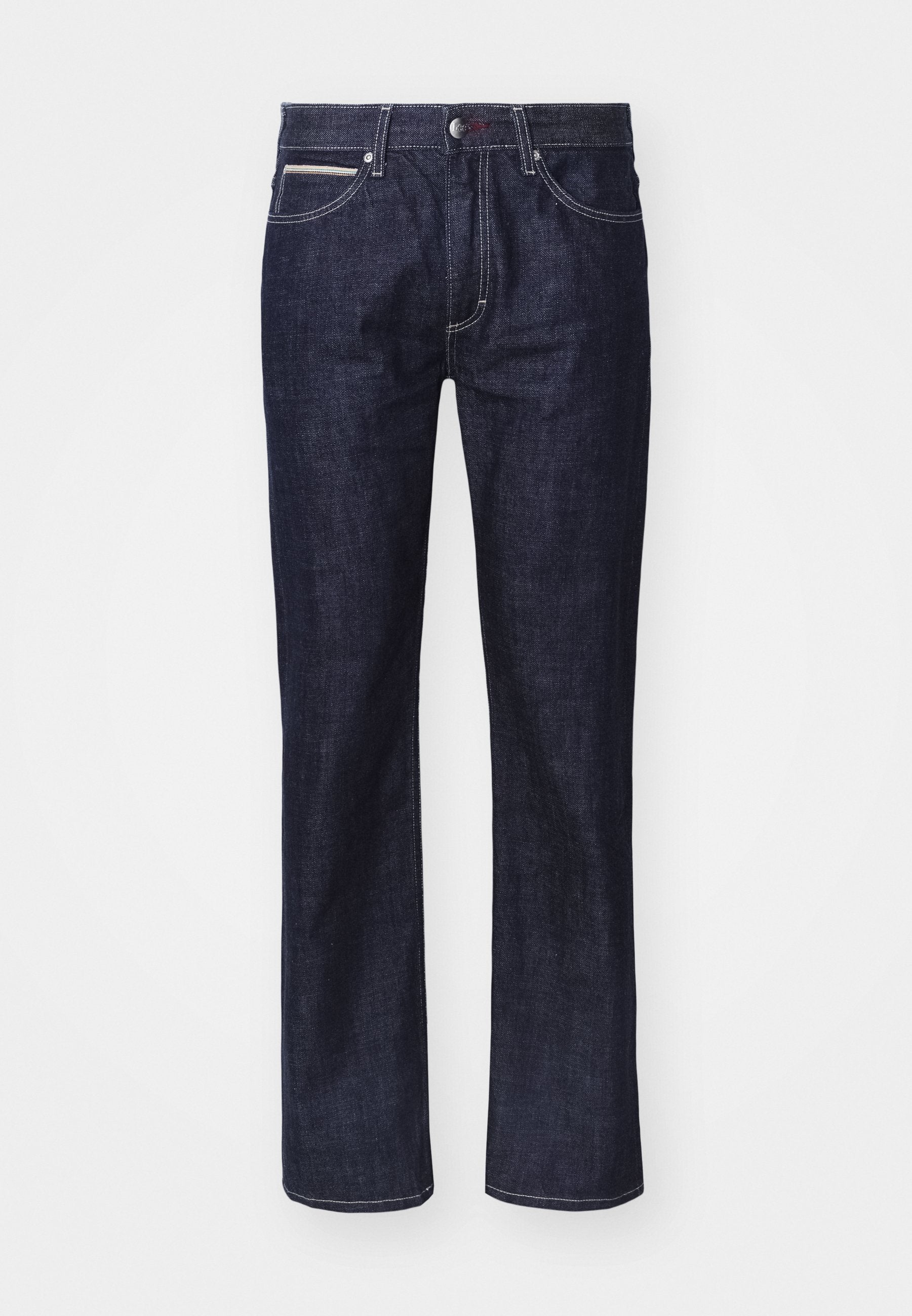 Dunkelblaue Denim-Jeans mit geradem Schnitt, dezentem Kontraststich, fünf Taschen und einem Knopfverschluss an der Taille.