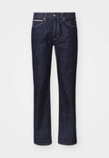 Dunkelblaue Denim-Jeans mit geradem Schnitt, dezentem Kontraststich, fünf Taschen und einem Knopfverschluss an der Taille.
