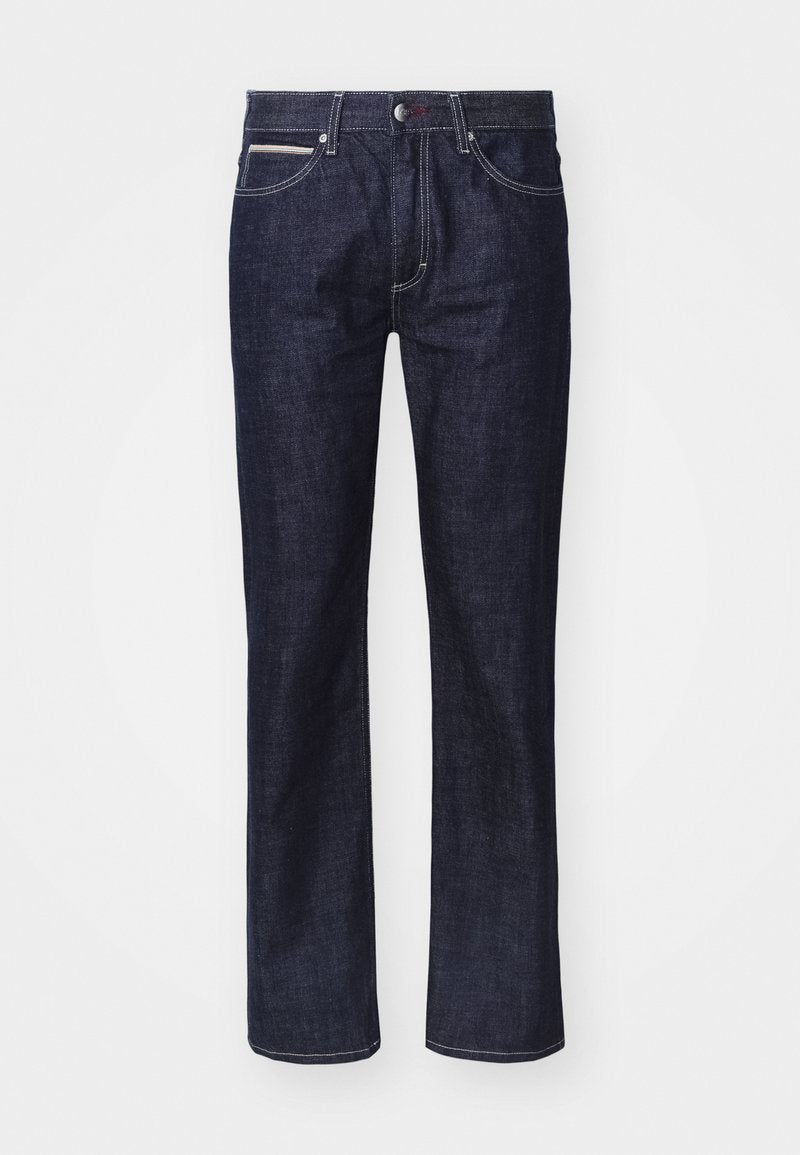 Dunkelblaue Denim-Jeans mit geradem Schnitt, dezentem Kontraststich, fünf Taschen und einem Knopfverschluss an der Taille.