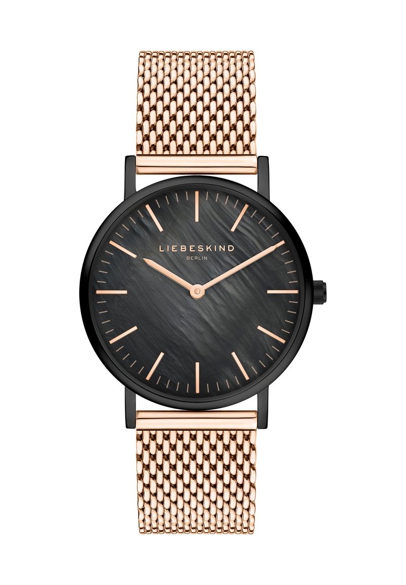 Runde Uhr mit einem schwarzen, strukturierten Zifferblatt, roségoldenen Markierungen und einem roségoldenen Mesh-Armband. Mit minimalistischem Design und Edelstahlakzenten.