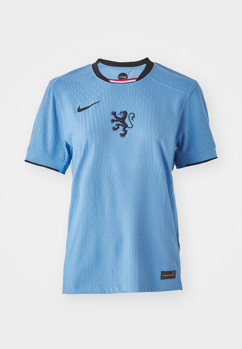 Hellblaue Nike-Trikots mit kurzen Ärmeln, schwarzem Kragen und einem Löwengrafik in der Mitte. Strukturiertes Material mit dezenten Rippdetails.