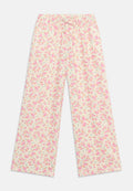 Cremefarbene Hosen mit weitem Bein, kleinem Blumenmuster in Pink und Orange sowie elastischem Bund mit Kordelzug.