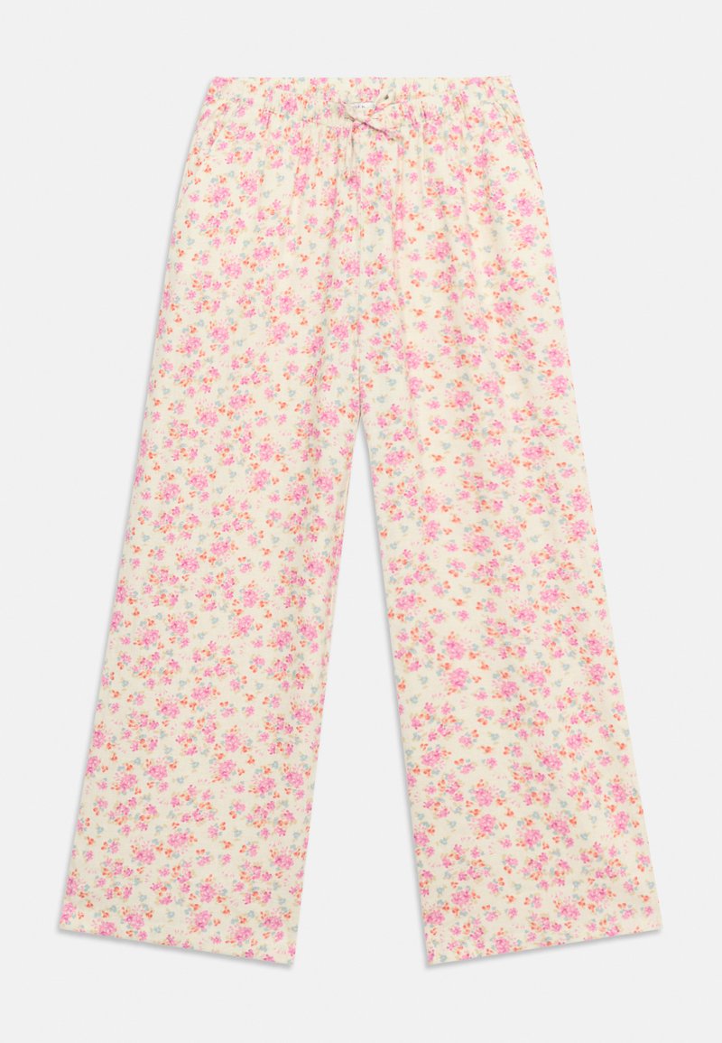 Cremefarbene Hosen mit weitem Bein, kleinem Blumenmuster in Pink und Orange sowie elastischem Bund mit Kordelzug.