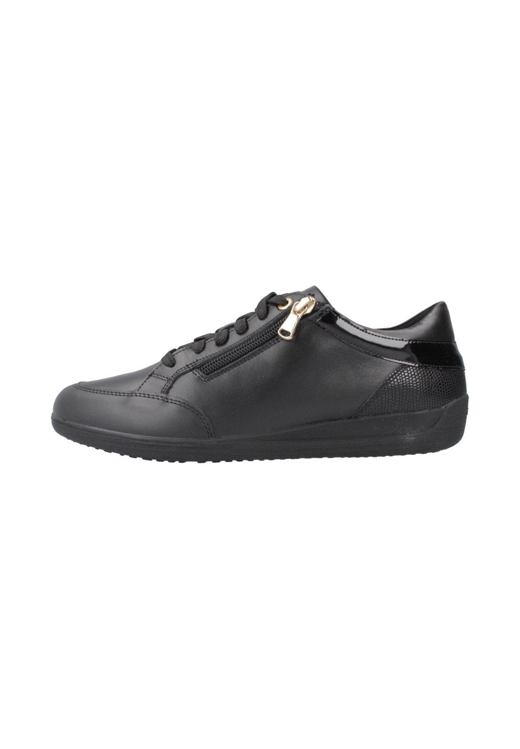 Schwarze Sneakers aus glattem Leder mit Schnürung und seitlichem Reißverschluss. Verfügt über eine strukturierte Ferse und eine flexible Gummisohle.