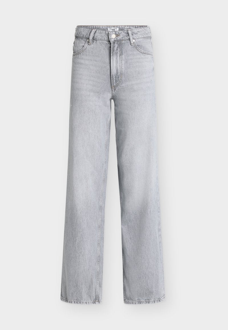 Hellgraue Jeans aus Denim mit weitem Bein, hoher Taille, fünf Taschen, Knopfverschluss vorne und rohem Saum. Glatte Textur mit minimalem Verblassen.