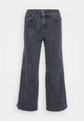Weite Jeans aus dunkelgrauem Denim mit einem Zebramuster. Klassisches Fünf-Taschen-Design mit Knopf- und Reißverschluss.