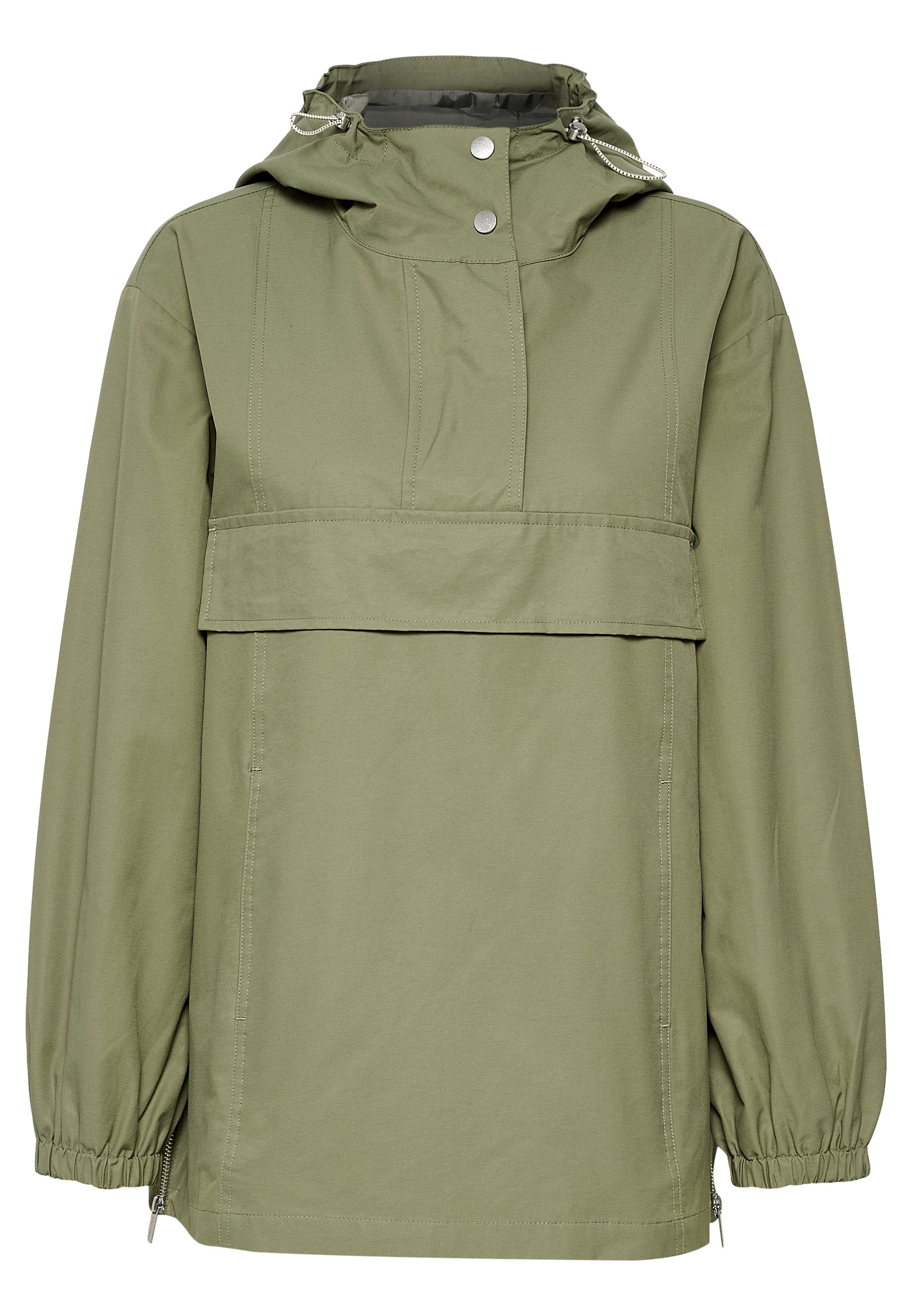 Olivenfarbener Pulloverjacke mit Kapuze, elastischen Bündchen, einem halben Reißverschluss vorne und einer Fronttasche. Hergestellt aus einem glatten, leichten Stoff.