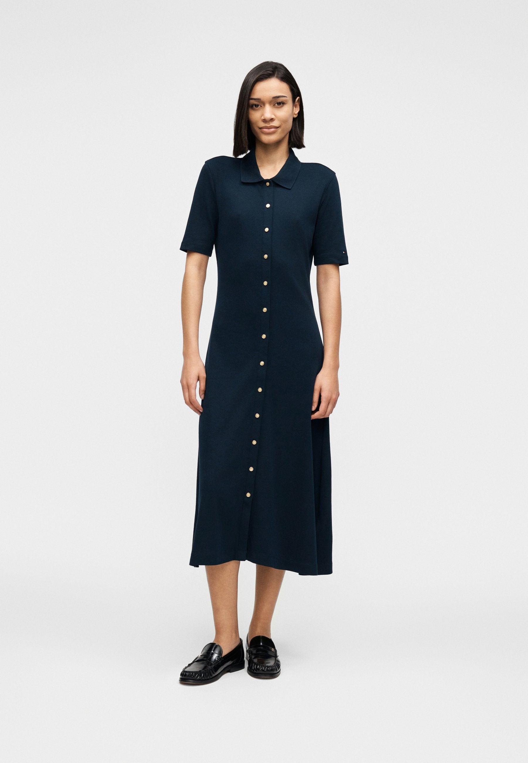 GOLD-TONE BUTTON MIDI POLO DRESS Media 3