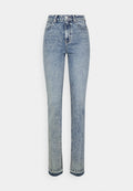 Hellblaue Jeans aus Denim mit hoher Taille und geradem Schnitt. Verfügt über die traditionelle Fünf-Taschen-Optik und einen Knopfverschluss.