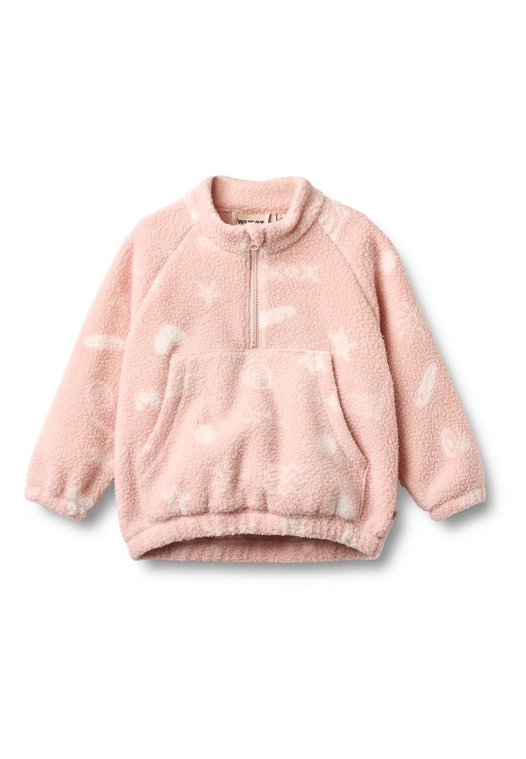 Rosa Fleece-Pullover mit halbem Reißverschluss, abgerundetem Kragen und weißen abstrakten Mustern. Verfügt über eine vordere Kängurutasche und gerippten Saum.