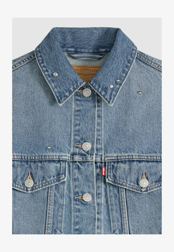 Levi's® LOOSE CROP TRUCKER TRIP ON DRIP TRUCKER - Denim jacket - trip on drip trucker - med indigo - worn in
