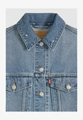 Levi's® LOOSE CROP TRUCKER TRIP ON DRIP TRUCKER - Denim jacket - trip on drip trucker - med indigo - worn in