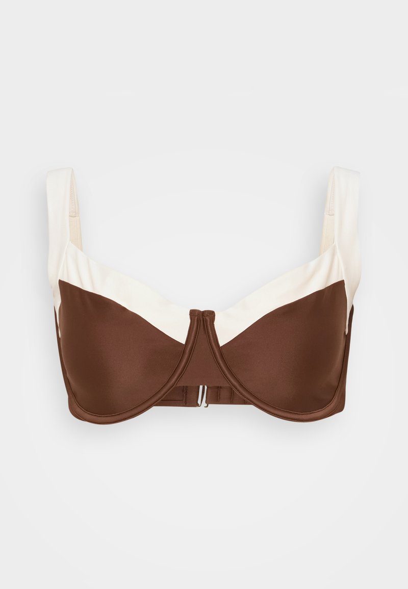Bra in Braun und Creme mit vorgeformten Cups, breiten Trägern und einer Mittelpunkt-Hakenverschluss. Verfügt über ein color-blocked Design mit glatter Textur.