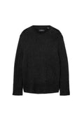 Schwarzer Strickpullover mit strukturiertem Design, geripptem Kragen und langen Ärmeln. Enthält kleine abgenutzte Details im gesamten Stoff.