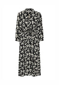 Schwarzes Blumenkleid mit langen Ärmeln, tailliertem Schnitt und Kragen. Besteht aus einem strukturierten Stoff mit weißen Blumenmustern.