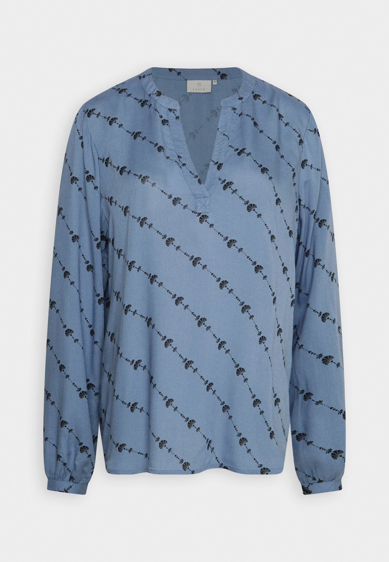 Hellblaues Langarmshirt mit V-Ausschnitt und schwarzem Blumenmuster. Verfügt über eine lockere Passform und geraffte Bündchen. Glattes, leichtes Material.