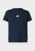 Marineblaue Baumwoll-T-Shirt mit kurzen Ärmeln, Rundhalsausschnitt, mit einem weißen und grünen Berglogo und dem Text "tommy JEANS" auf der Brust.