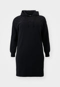Schwarzes Kapuzenkleid mit langen Ärmeln, das ein Spitzenmuster über den Schultern und einen verstellbaren Kordelzug am Ausschnitt aufweist.