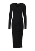 Schwarzes langärmliges Kleid mit V-Ausschnitt, das seitliche Raffung und eine verstellbare Zugband-Detail am Saum zur Formgebung bietet. Glatte Stofftextur.
