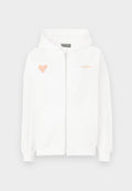 Weiße Kapuzenjacke aus weichem Stoff, mit einem pinkfarbenen Herzgraphic auf der linken Brust und dem Markennamen "PEGADOR" in Pink auf der rechten Seite.