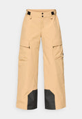 Beige Cargo-Hosen mit mehreren Seitentaschen, einem schwarzen unteren Saum und einem Klettverschluss an der Taille mit doppelter Knopfverriegelung.
